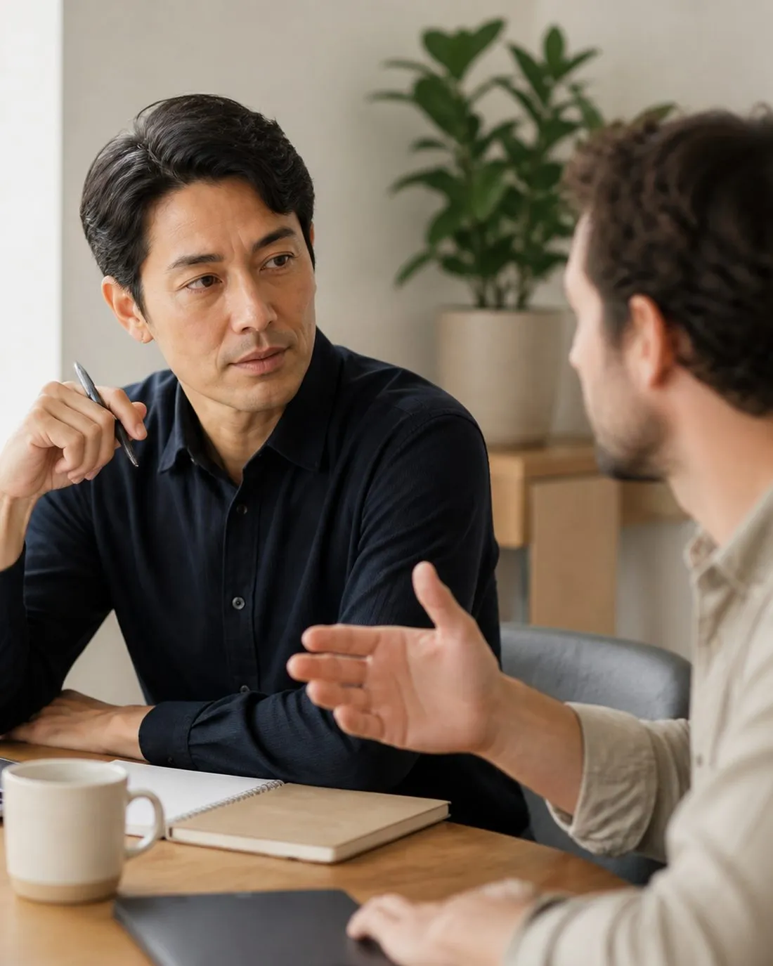 A learner talking through an idea with a coach across a table.